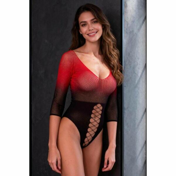 PASSION - BS118 BLACK AND RED MESH BODYSTOCKING