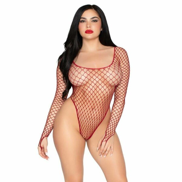 LEG AVENUE - 89377 HIGH-CUT INDUSTRIAL NET BODYSUIT RED - ONE SIZE