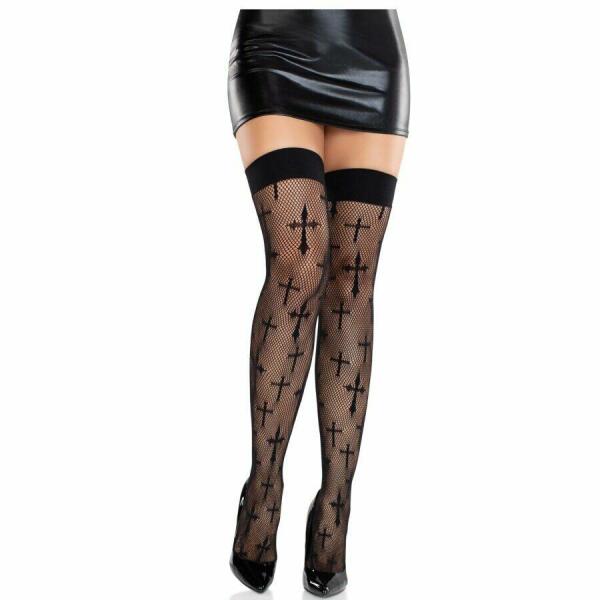 LEG AVENUE - WORSHIP ME LACE STOCKINGS BLACK