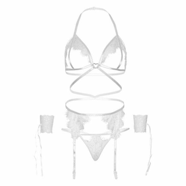 LEG AVENUE - FOUR PIECES SET BRA, G-STRING, GARTER BELT & WRIST CUFFS ONE SIZE - WHITE