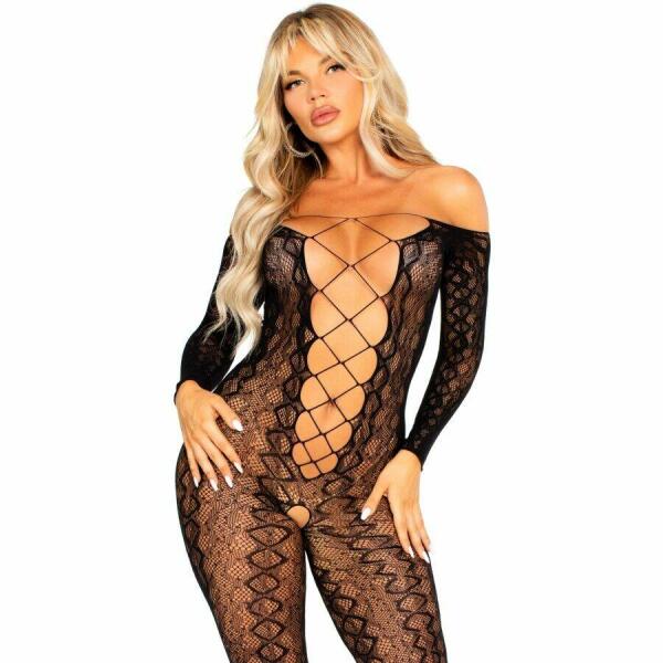 LEG AVENUE - CROTCHLESS BODYSTOCKING IN EXOTIC SNAKE LACE BLACK