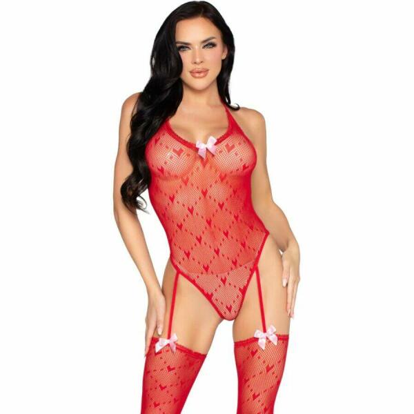 LEG AVENUE - 89360 OPEN BACK BODYSUIT WITH GARTER BELT RED - ONE SIZE