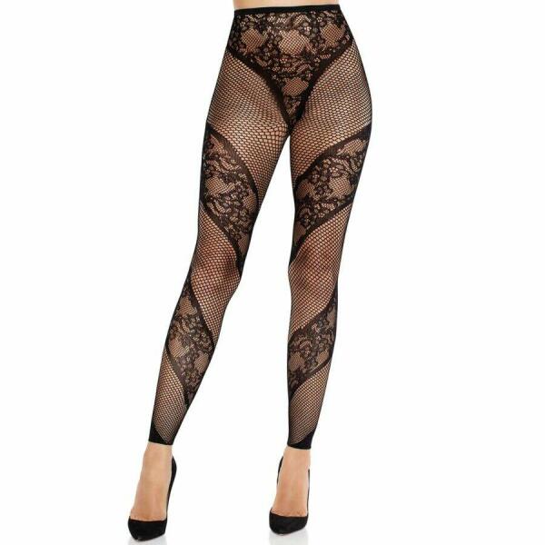 LEG AVENUE - LACE AND SHEER FOOTLESS TIGHTS BLACK