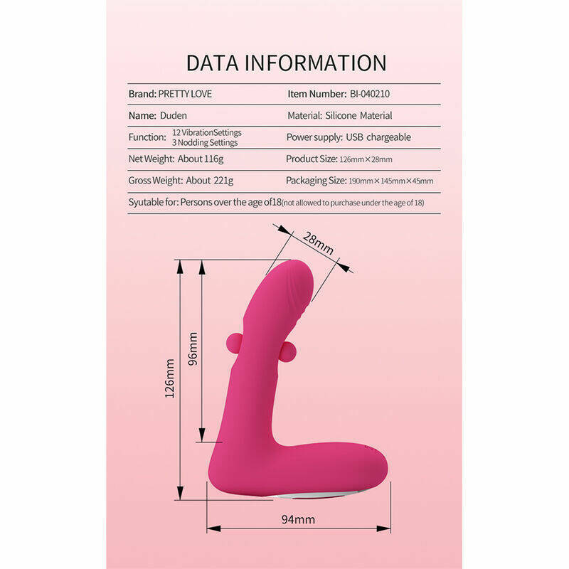 PRETTY LOVE - DUDEN RECHARGEABLE SILICONE VIBRATOR 12 VIBRATION MODES AND 3 ROCKING MODES PINK