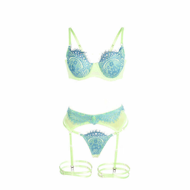 SUBBLIME - 955328 BRA SET WITH LACE AND GARTER LINES GREEN AND BLUE L/XL