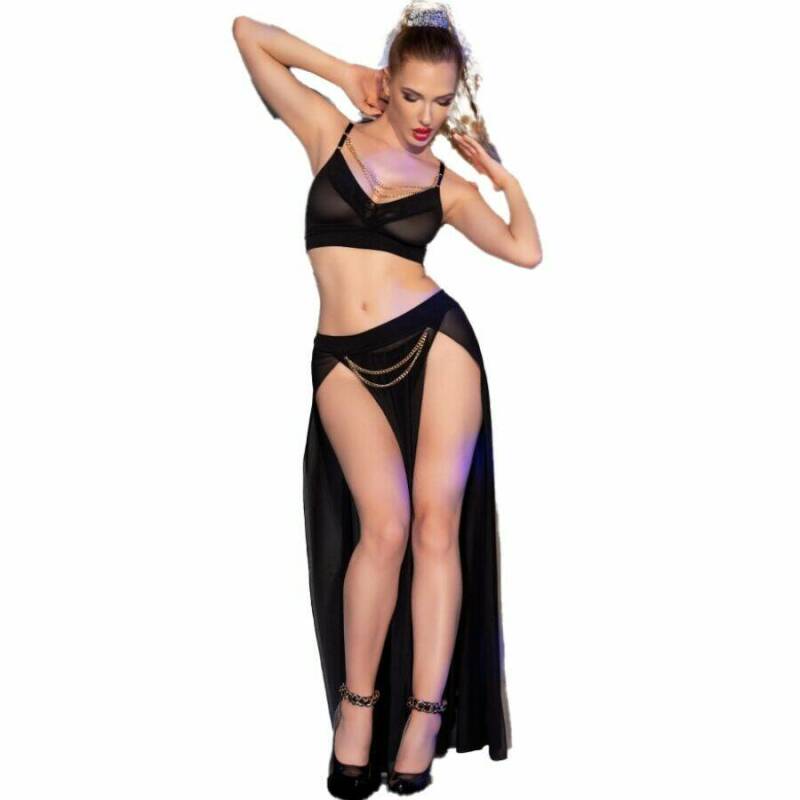 CHILIROSE - CR 4672 BLACK TOP SKIRT AND THONG WITH GOLDEN CHAINS XL