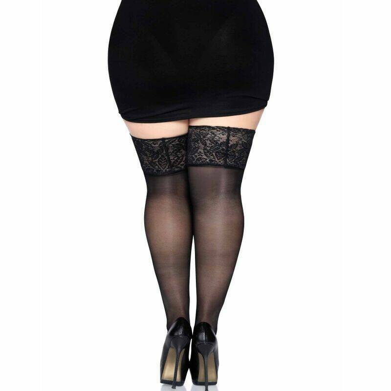 LEG AVENUE - MEDIAS NEGRAS AUTOADHESIVAS CON ENCAJE ANCHO PLUS SIZE