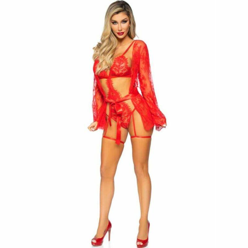LEG AVENUE - 86123 TEDDY + GARTER ROBE SET RED SIZE M
