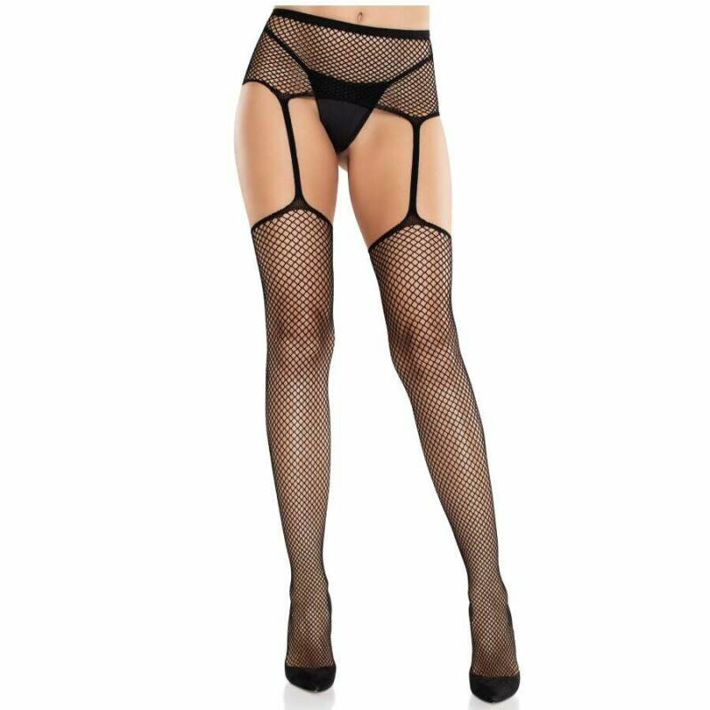 LEG AVENUE - LACE STOCKINGS WITH CROSS AND GARTER BELT BLACK