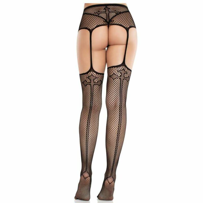 LEG AVENUE - LACE STOCKINGS WITH CROSS AND GARTER BELT BLACK