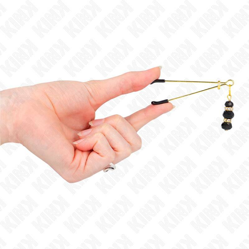 KINK - GOLD THIN NIPPLE CLAMPS WITH 3 BLACK GLASS BEADS 7 CM