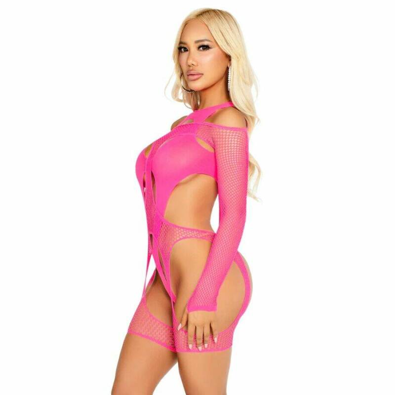 LEG AVENUE - FISHNET BODYSTOCKING WITH GARTER BELT AND HARNESS NEON PINK