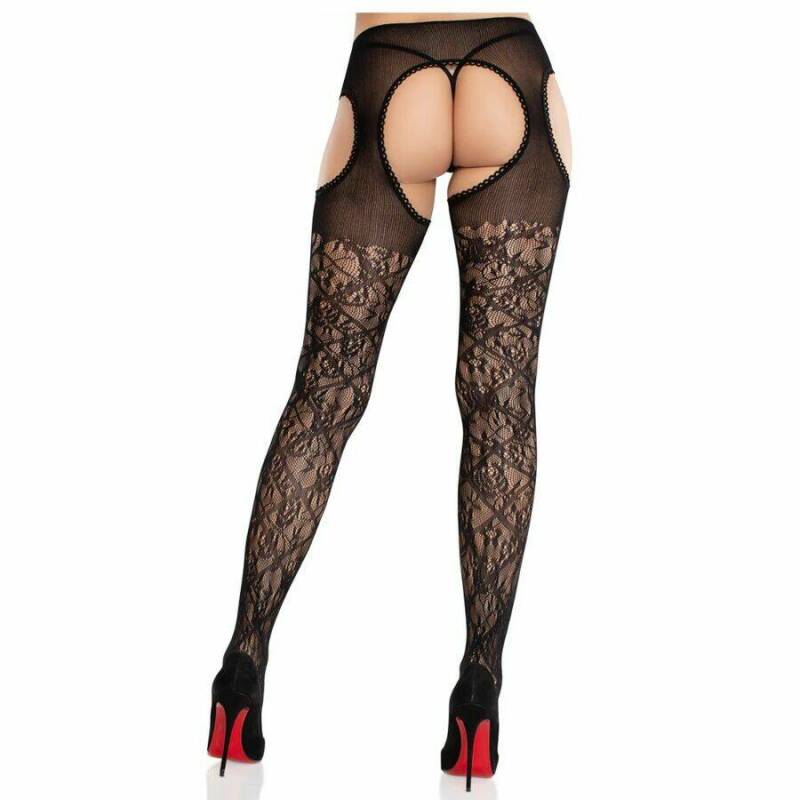 LEG AVENUE - FLORAL LACE STOCKINGS WITH GARTERS UNITED BLACK