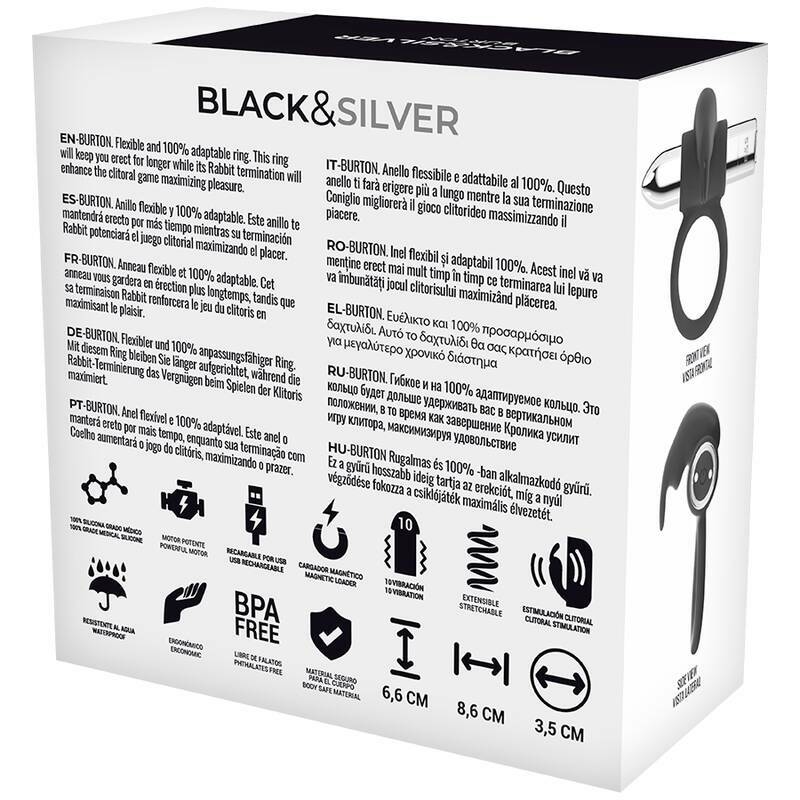 BLACK&SILVER - BURTON RECHARGEABLE RING 10 VIBRATION MODES