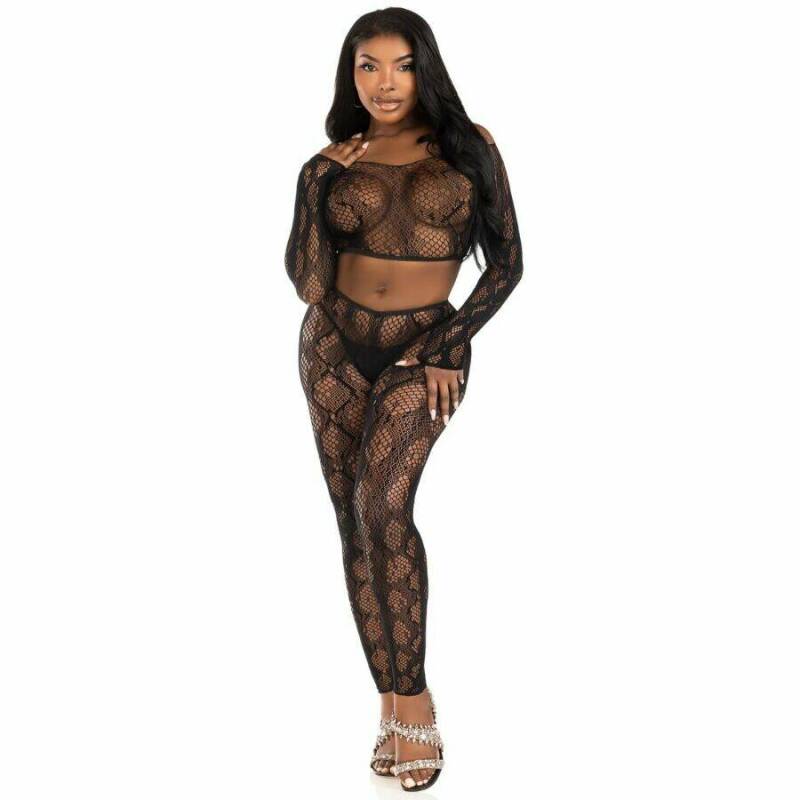 LEG AVENUE - 89373 PYTHON CROP TOP & FOOTLESS TIGHTS BLACK - ONE SIZE
