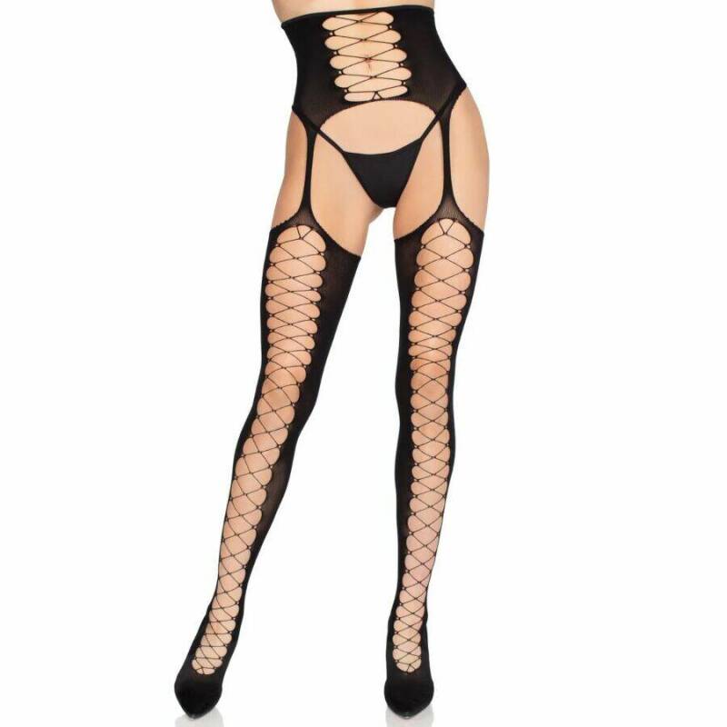 LEG AVENUE - 1968 STOCKINGS WITH ATTACHED GARTER BELT BLACK - ONE SIZE