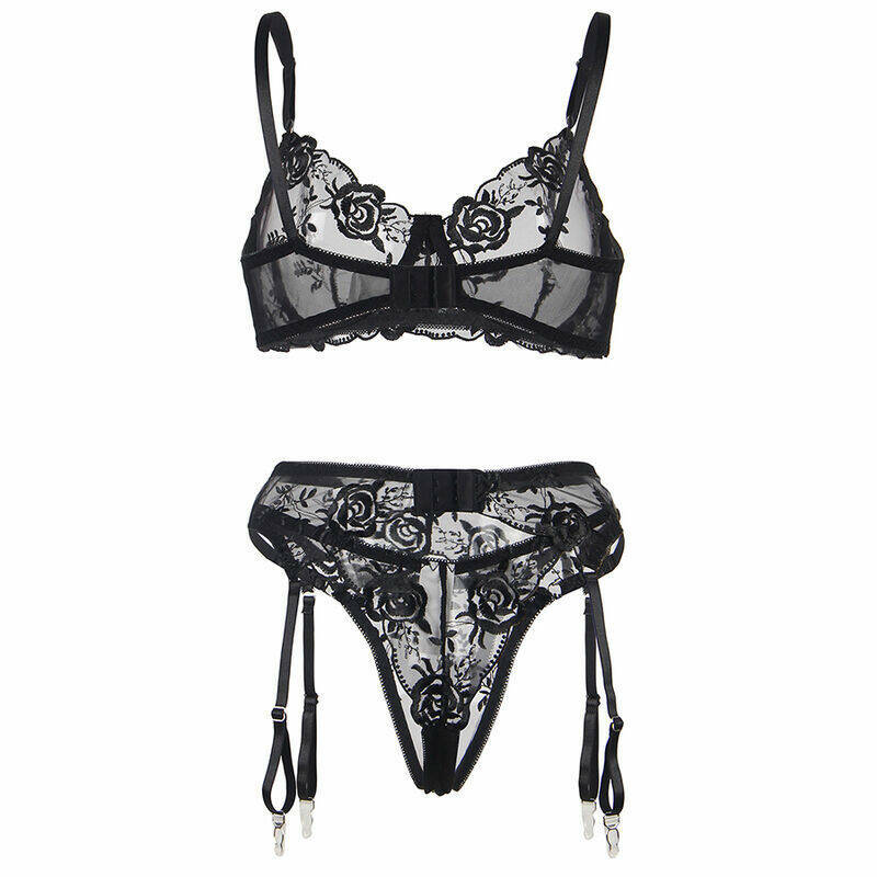 SUBBLIME - SET OF 3 PIECES BRA + THONG + GARTER FLORAL PRINT BLACK L/XL