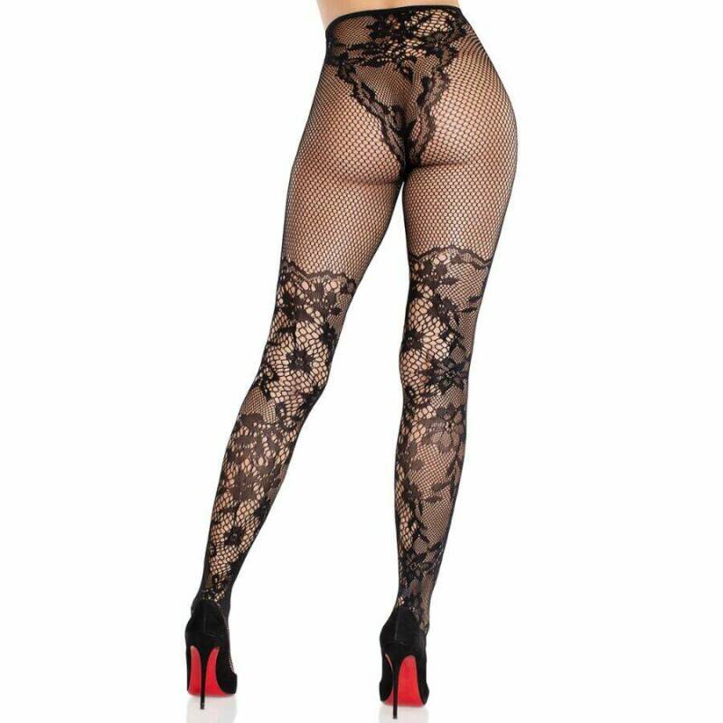 LEG AVENUE - DAHLIA LACE STOCKINGS WITH NET DETAIL BLACK