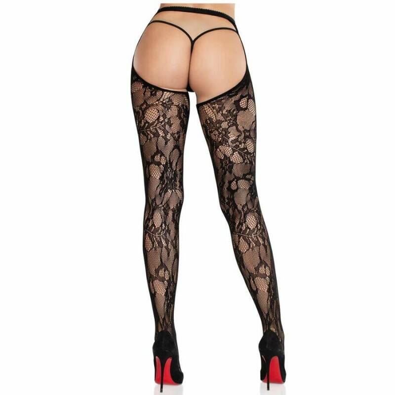 LEG AVENUE - MEDIAS DE ENCAJE DE ROSAS CON PARTE TRASERA ABIERTA NEGRO