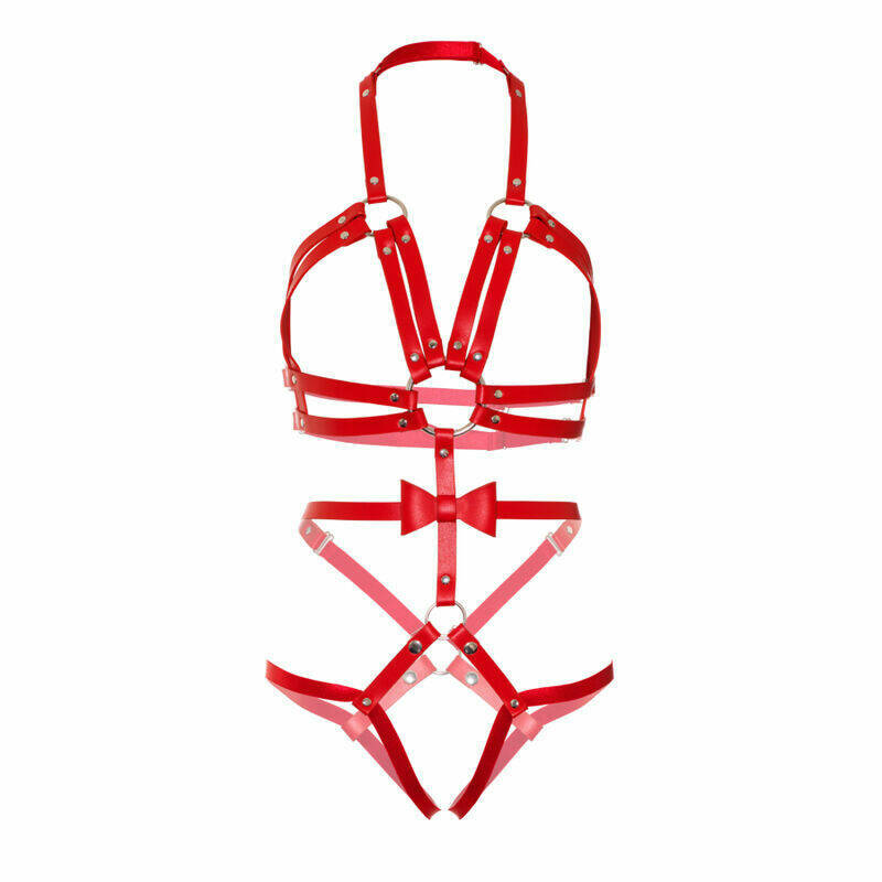 LEG AVENUE - KINK - STUDDED O-RING HARNESS TEDDY SIZE S - RED