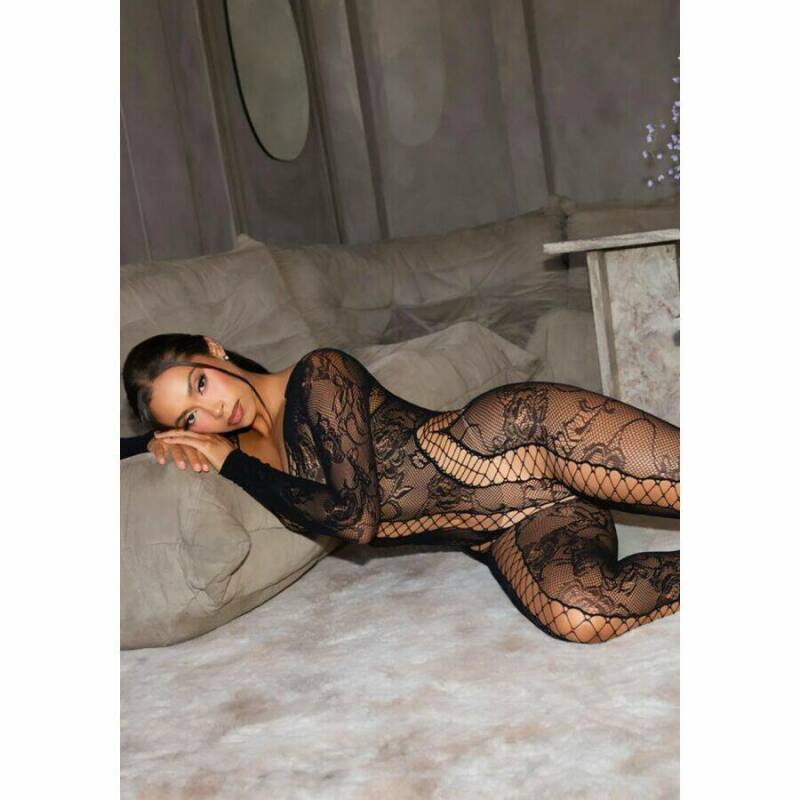 LEG AVENUE - 89369 NET & LACE JUMPSUIT BLACK - ONE SIZE