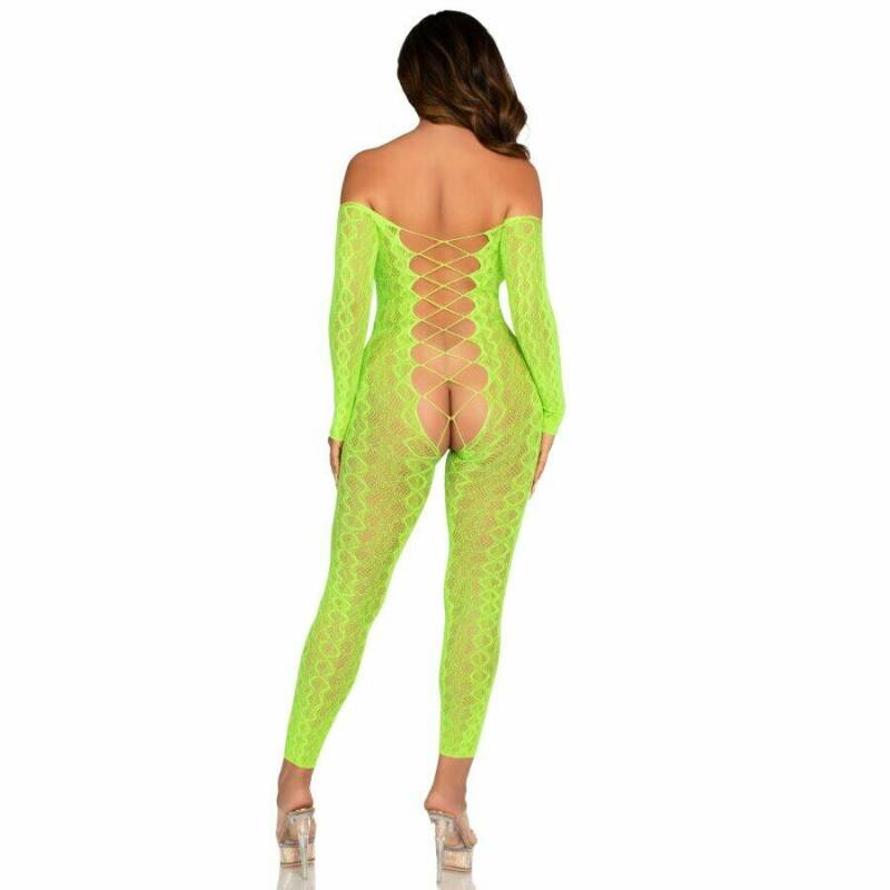 LEG AVENUE - CROTCHLESS BODYSTOCKING EXOTIC SNAKE LACE NEON GREEN