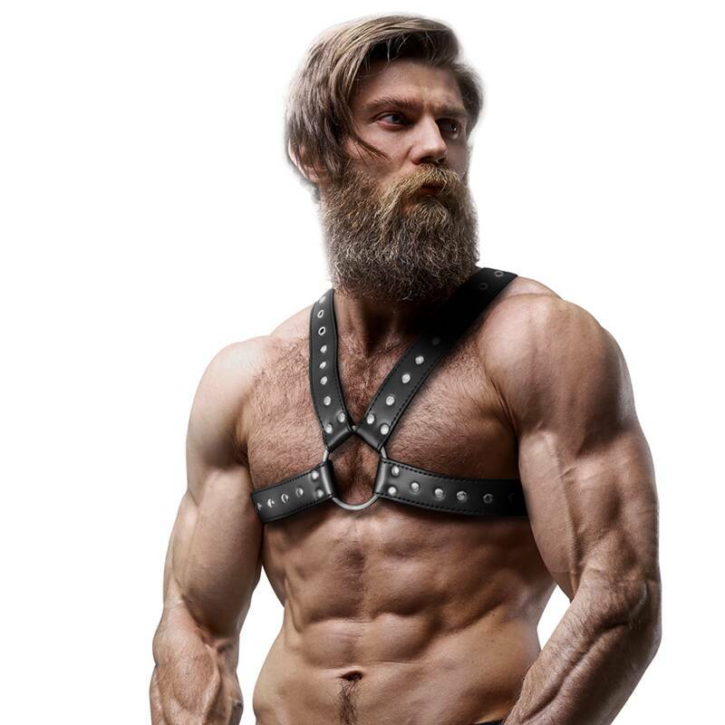 FETISH SUBMISSIVE ATTITUDE - MENS CROSS-OVER ECO-LEATHER CHEST HARNESS WITH STUDS