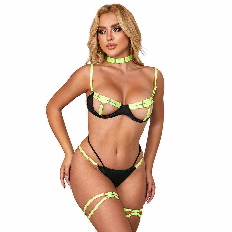 SUBBLIME - 955281 BRA SET WITH NECKLACE AND LEG DETAILS FLUORESCENT GREEN L/XL