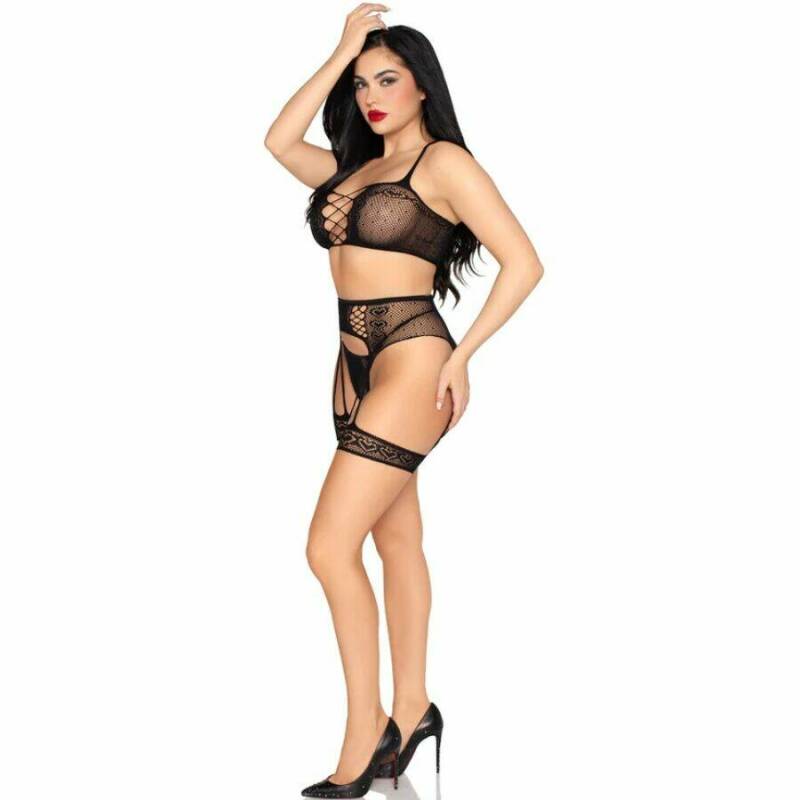LEG AVENUE - 89359 TOP + THONG + GARTER BELT SET BLACK - ONE SIZE