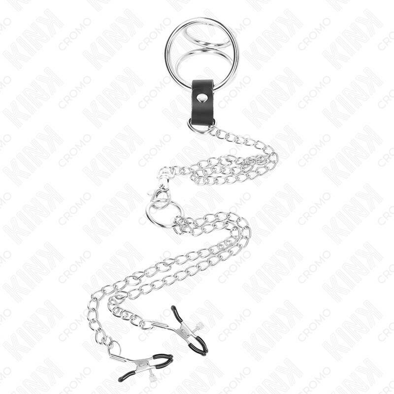 KINK - TRIPLE CHROME METAL PENIS RING 3.8 CM TO 5 CM WITH 26 CM METAL CHAIN AND NIPPLE CLAMPS MODEL 1