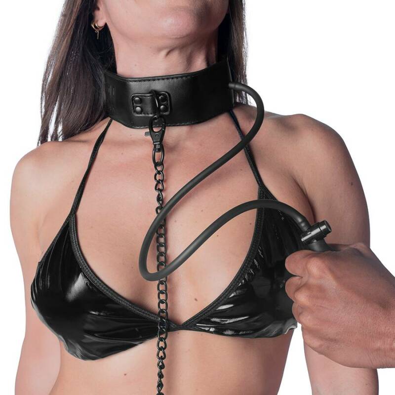 FETISH SUBMISSIVE BONDAGE - INFLATABLE STRANGLING COLLAR WITH CHAIN