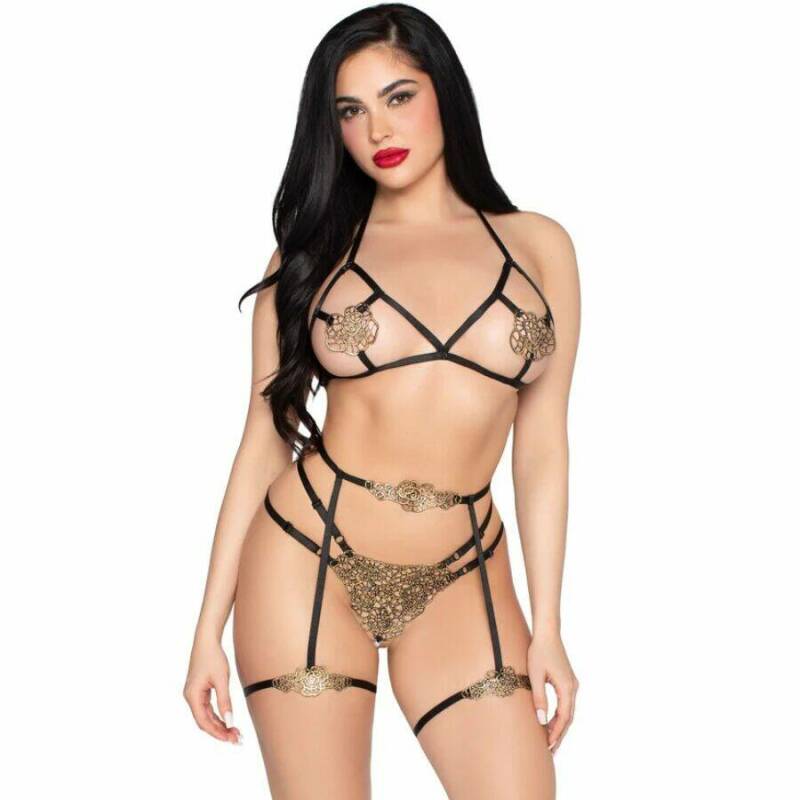 LEG AVENUE - 89364 BRA + THONG + HARNESS LUXURIOUS SET - ONE SIZE