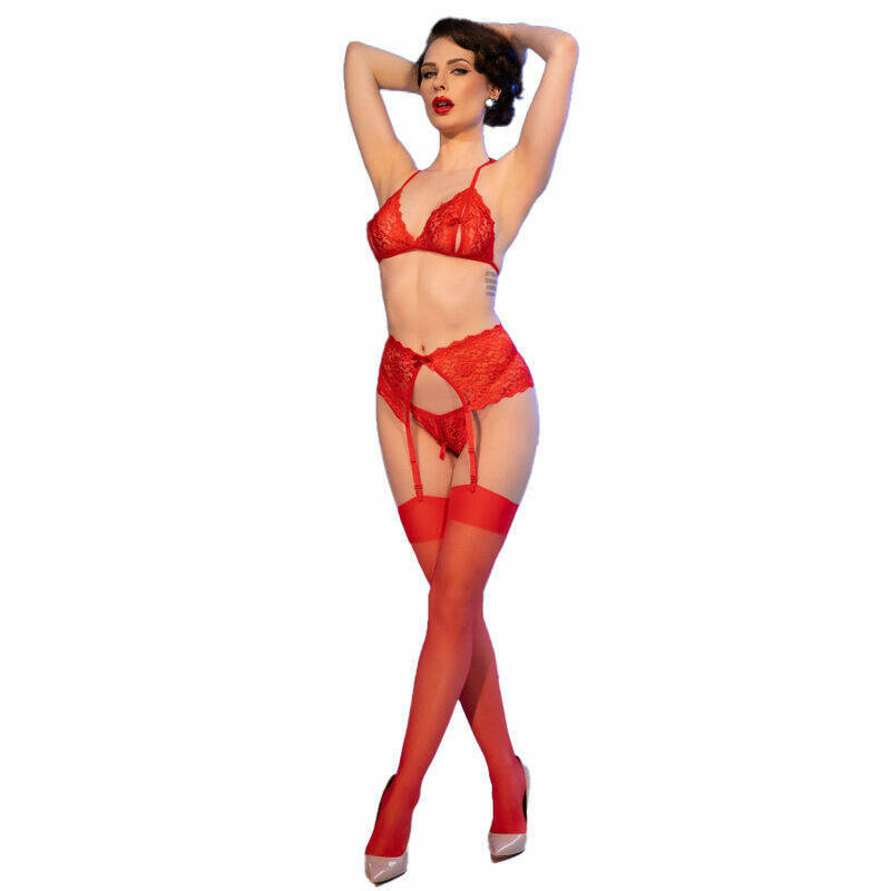 CHILIROSE - CR 4848 RED LACE BRA + THONG + STOCKINGS SET L