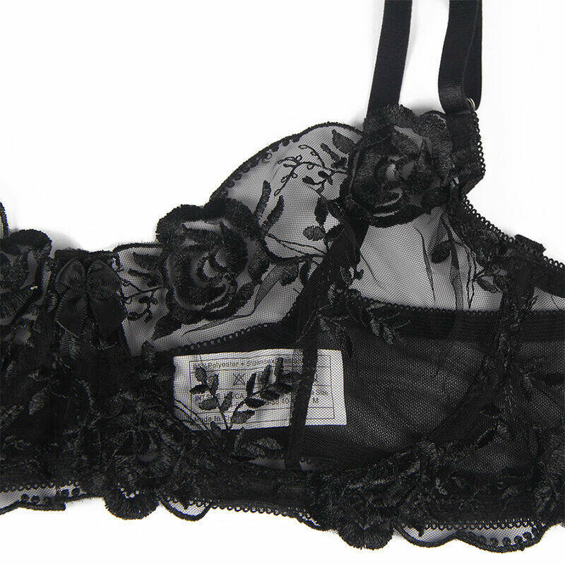 SUBBLIME - SET OF 3 PIECES BRA + THONG + GARTER FLORAL PRINT BLACK L/XL