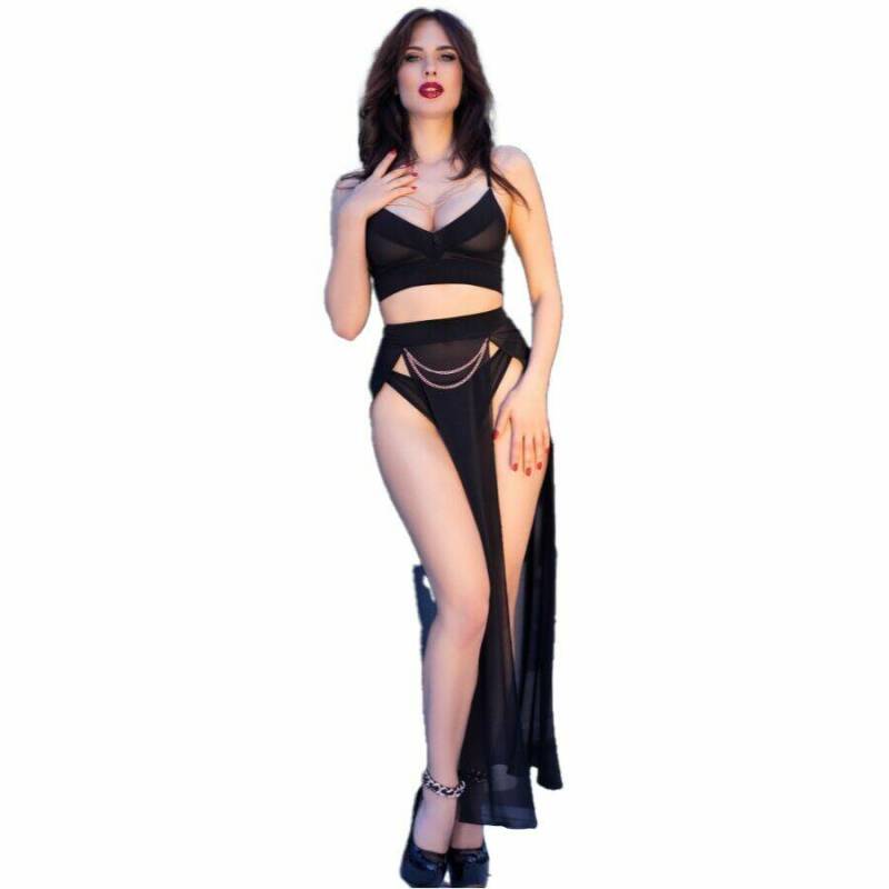 CHILIROSE - CR 4672 BLACK TOP SKIRT AND THONG WITH GOLDEN CHAINS M