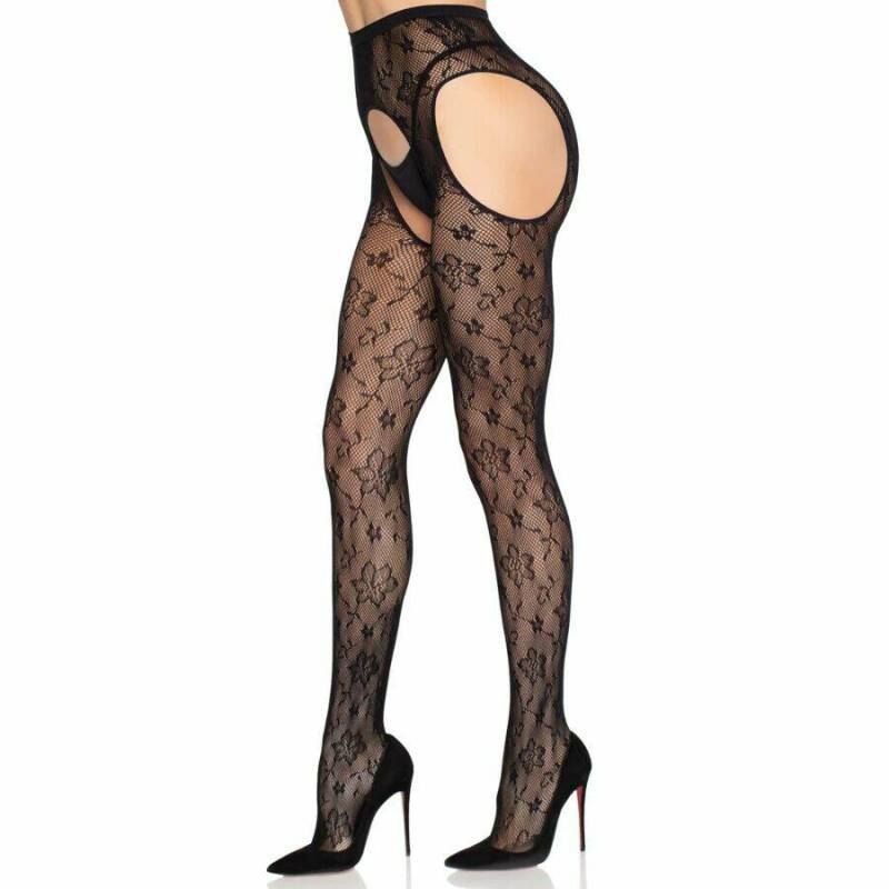 LEG AVENUE - 1967 BLOOM NET SUSPENDER TIGHTS BLACK - ONE SIZE