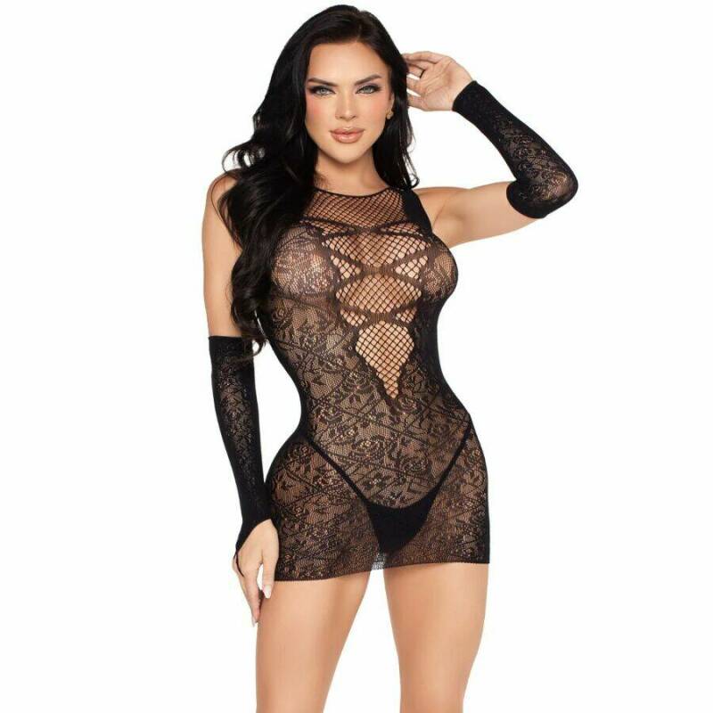 LEG AVENUE - 81679 MINI DRESS AND MATCHING GLOVES BLACK - ONE SIZE