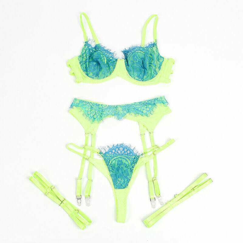 SUBBLIME - 955328 BRA SET WITH LACE AND GARTER LINES GREEN AND BLUE L/XL