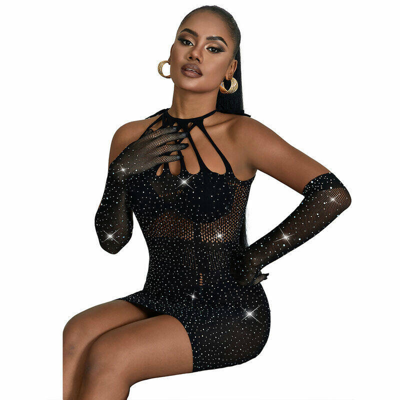 SUBBLIME - 952235 FISHNET DRESS WITH RHINESTONES  BLACK ONE SIZE