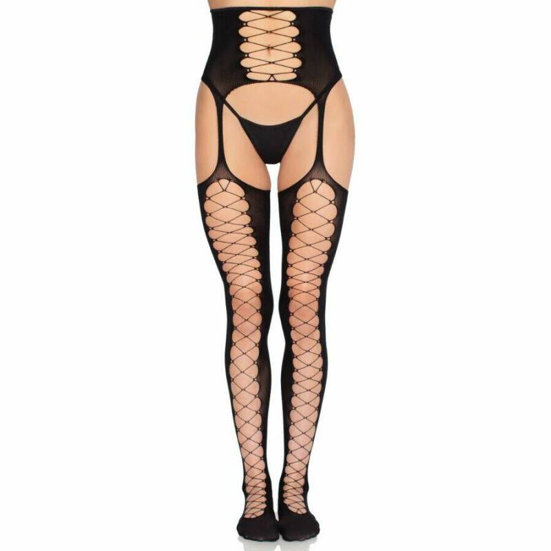 LEG AVENUE - 1968 STOCKINGS WITH ATTACHED GARTER BELT BLACK - ONE SIZE