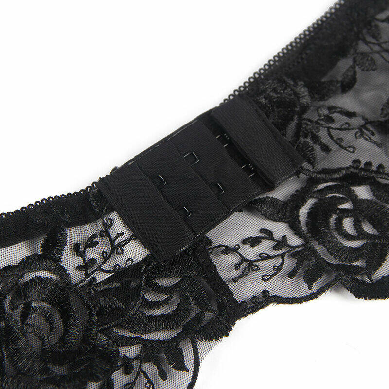 SUBBLIME - SET OF 3 PIECES BRA + THONG + GARTER FLORAL PRINT BLACK L/XL