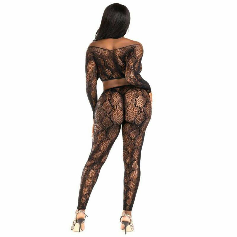 LEG AVENUE - 89373 PYTHON CROP TOP & FOOTLESS TIGHTS BLACK - ONE SIZE