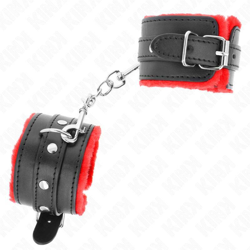 KINK - PREMIUM FUR LINED WRIST RESTRAINTS RED WITH BLACK BELT ADJUSTABLE 17-29 CM X 6 CM