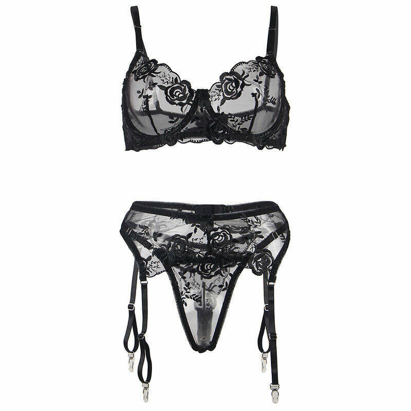 SUBBLIME - SET OF 3 PIECES BRA + THONG + GARTER FLORAL PRINT BLACK L/XL