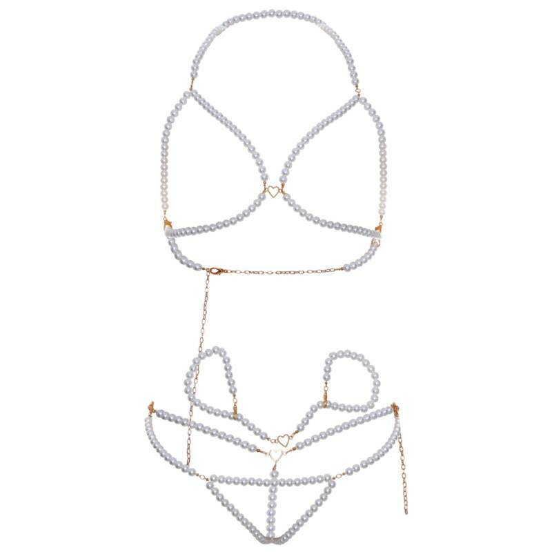 LEG AVENUE - BRA WRISTBANDS & PEARL THONG SET