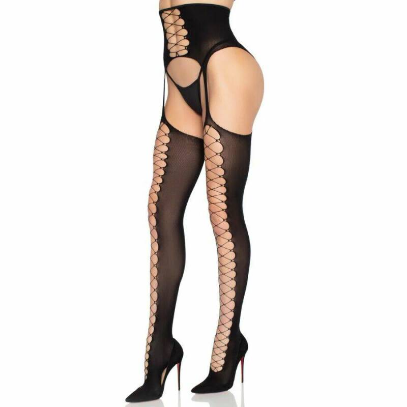 LEG AVENUE - 1968 STOCKINGS WITH ATTACHED GARTER BELT BLACK - ONE SIZE