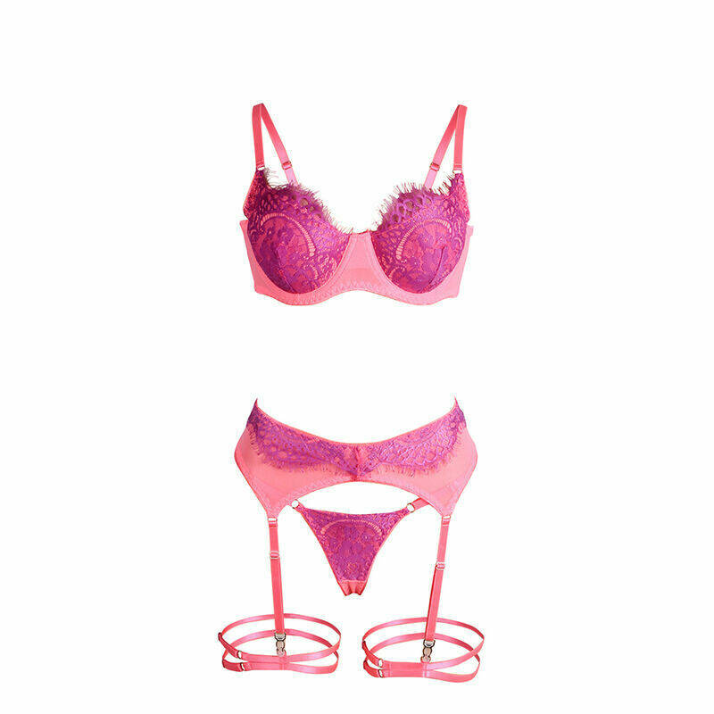 SUBBLIME - 955359 SET OF BRA WITH LACE AND GARTER LINKS PINK AND PURPLE S/M