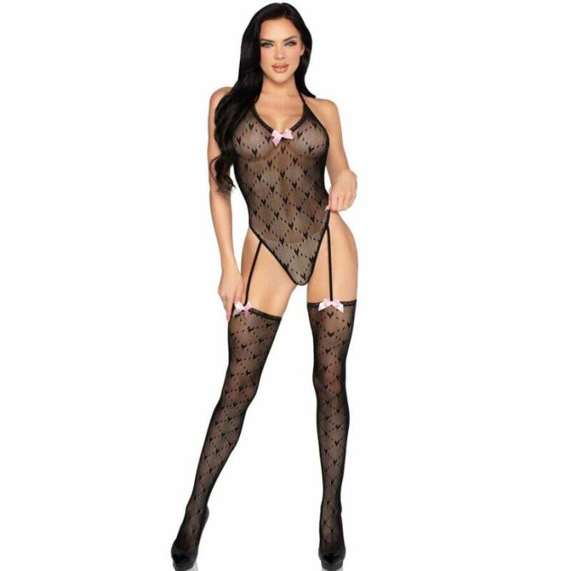 LEG AVENUE - 89360 OPEN BACK BODYSUIT WITH GARTER BELT BLACK- ONE SIZE