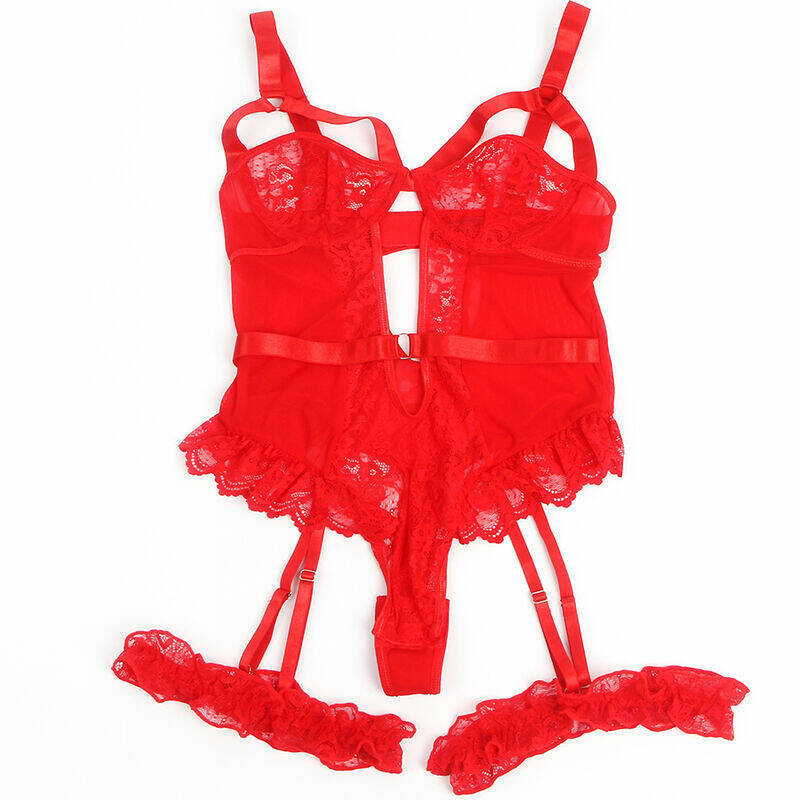 SUBBLIME - TEDDY WITH GARTER WITH LACE DETAIL AND STRIPS RED L/XL