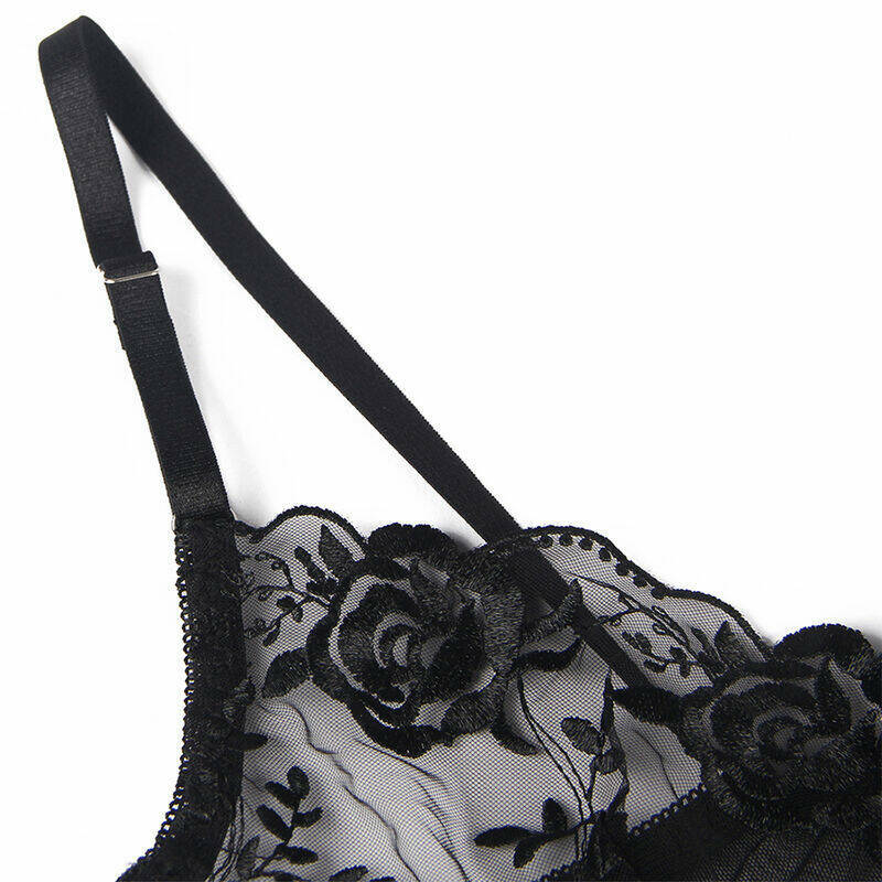 SUBBLIME - SET OF 3 PIECES BRA + THONG + GARTER FLORAL PRINT BLACK L/XL
